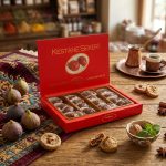 Kafkas candied chestnut gift box beside Turkish coffee and dried figs
