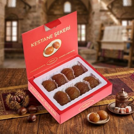 Open red Kafkas Kestane Şekeri gift box with candied chestnuts