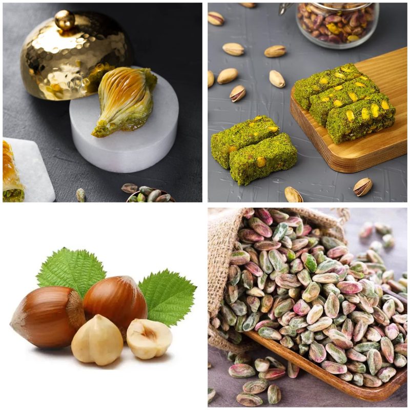 Turkish food assortment with baklava, delight, hazelnuts and pistachios