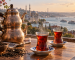Turkish black tea served in tulip glasses with a traditional double teapot