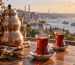 Turkish black tea served in tulip glasses with a traditional double teapot