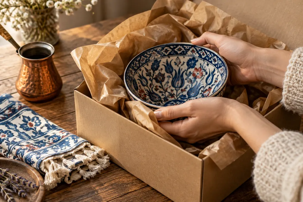 Hands carefully placing a Turkish ceramic bowl in protective paper beside woven cloth and a copper coffee pot