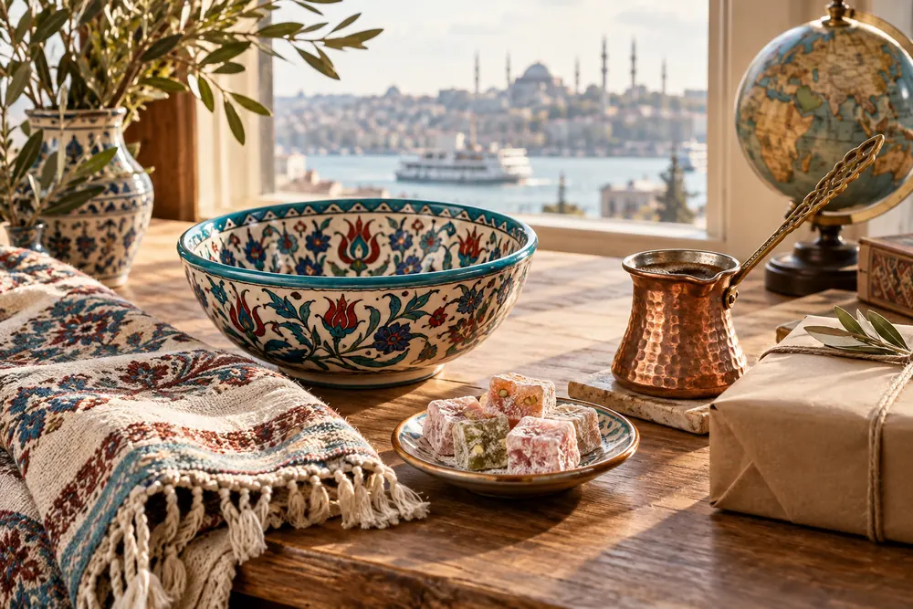 Turkish ceramics, woven textiles, copper coffee pot and Turkish delight beside a parcel and globe