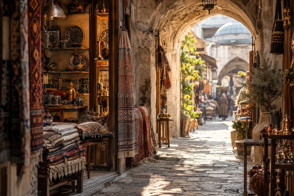 Sunlit stone archway in a Turkish bazaar with woven textiles, ceramics and copperware