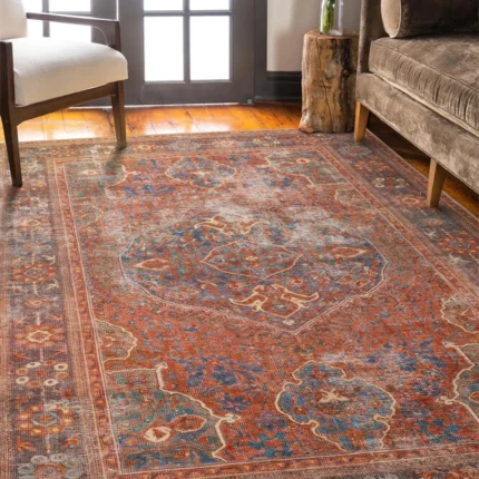 Distressed Patterned Woven Base Decorative Red Rug