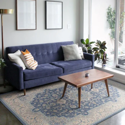 Vintage Blue Woven Rug – Distressed Decorative Style