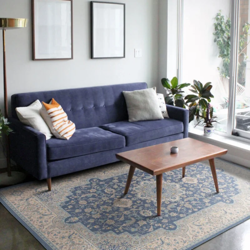 Vintage Blue Woven Rug – Distressed Decorative Style