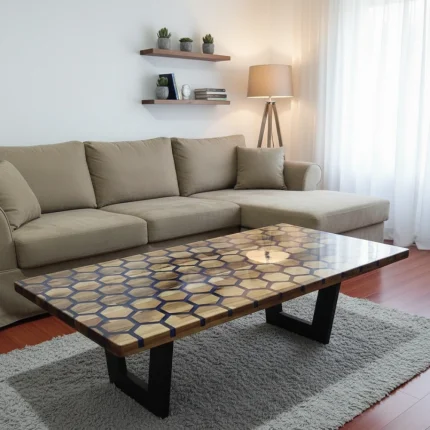 Hexagonal Olive Wood Epoxy Coffee Table – Modern Design