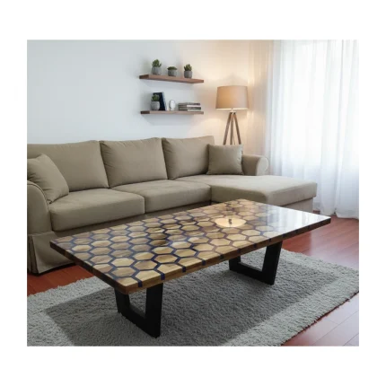 Hexagonal Olive Wood Epoxy Coffee Table – Modern Design